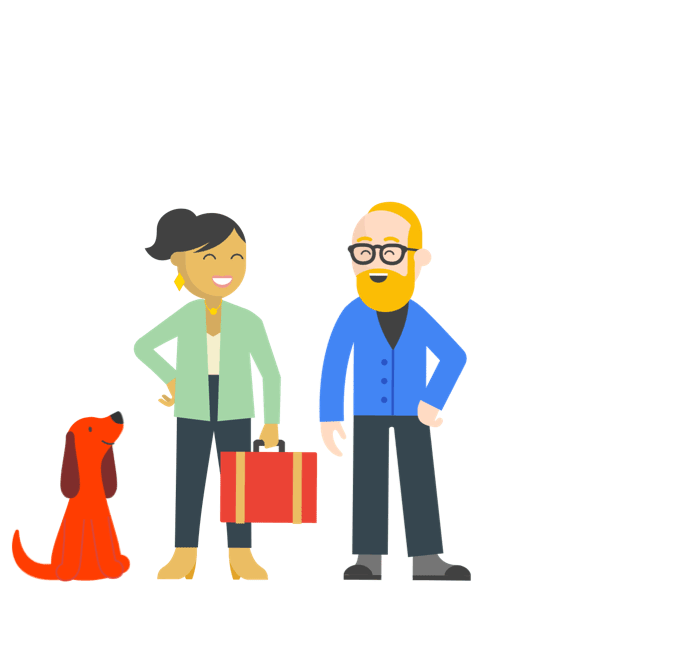 dog, woman, man, and suitcases
